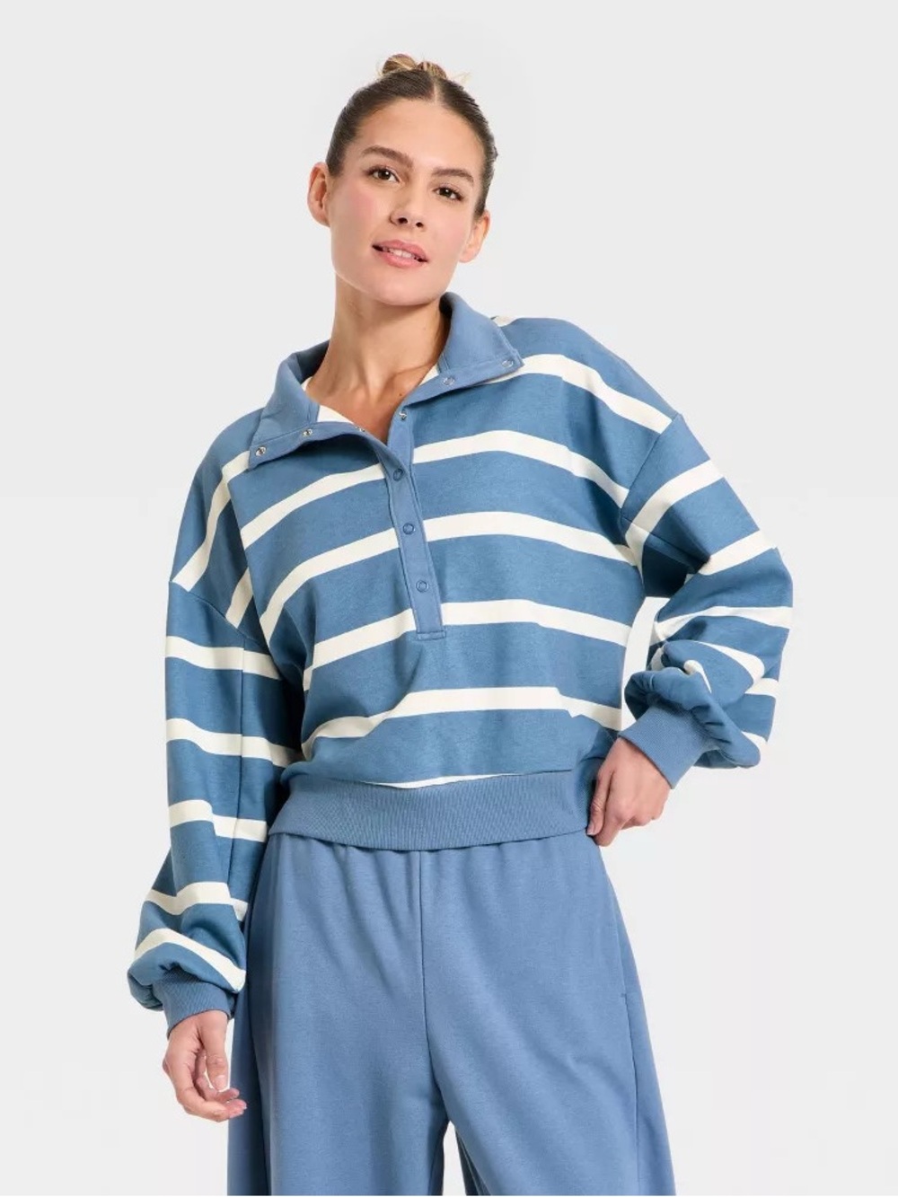 all in motion Blue and White Striped Snap Collar Top